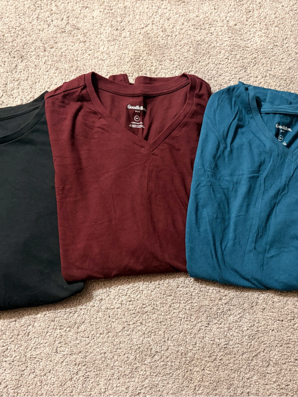 Lot of 3 - Goodfellow & Co Men's V-Neck Tees — Black, Burgundy, Teal